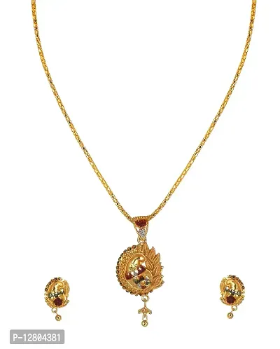 JIPPA NON ADJUSTABLE GOLD PLATED MEENA KARI PENDANT SET WITH 18""INCH CHAIN AND EYERINGS-100405-thumb0