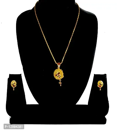 JIPPA NON ADJUSTABLE GOLD PLATED MEENA KARI PENDANT SET WITH 18""INCH CHAIN AND EYERINGS-100405-thumb2