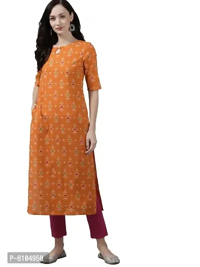 Amazon Brand - Anarva Women's Cotton Straight Knee Length Kurta | Printed Kurta with Trouser (Orange) (AMSKD0115ORANGE)