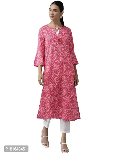 Amazon Brand - Anarva Women's Cotton Straight Knee Length Kurta | Bandej Printed Kurta Set (Fuchsia) (AMSKD0117FUSHIA)-thumb0