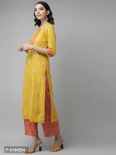 Amazon Brand - Anarva Women's Cotton Straight Knee Length Kurta | Mustard and Fusia Kurta Palazzo Set (Mustard) (AMSKD0023MUSTARD)-thumb5