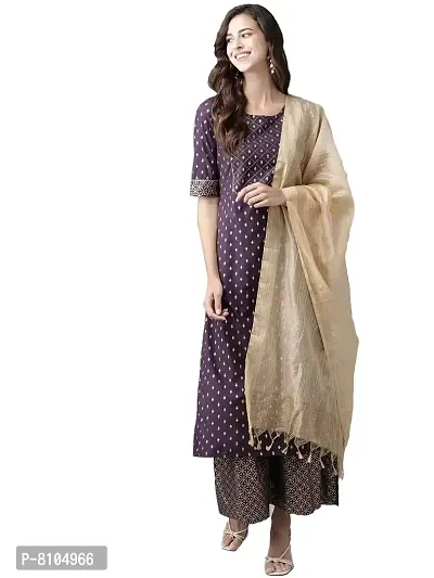 Amazon Brand - Anarva Women's Cotton Straight Knee Length Kurta | Gold Print Sharara Set (Purple) (AMSKD0008PURPLE)