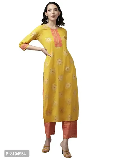 Amazon Brand - Anarva Women's Cotton Straight Knee Length Kurta | Mustard and Fusia Kurta Palazzo Set (Mustard) (AMSKD0023MUSTARD)-thumb0