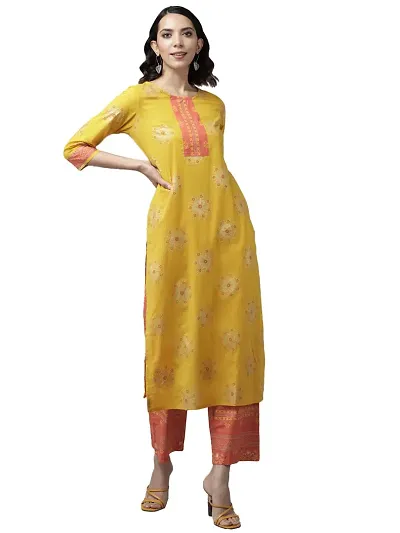 Amazon Brand - Anarva Women's Straight Knee Length Kurta | and Fusia Kurta Palazzo Set (Mustard) (AMSKD0023MUSTARD)