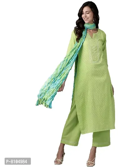 Amazon Brand - Anarva Women's Cotton Straight Knee Length Kurta | Parrot Green Dobby Kurta Set (Green,S) (AMSKD0022PARROT_S)