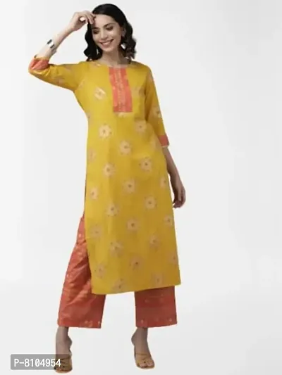 Amazon Brand - Anarva Women's Cotton Straight Knee Length Kurta | Mustard and Fusia Kurta Palazzo Set (Mustard) (AMSKD0023MUSTARD)-thumb2