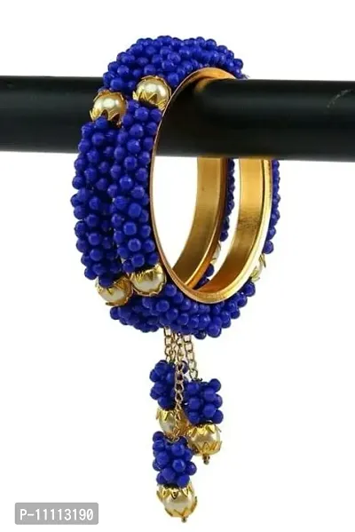 Traditional Brass Metal Royal Blue Zircon And Peal Work Bangle Set For Women