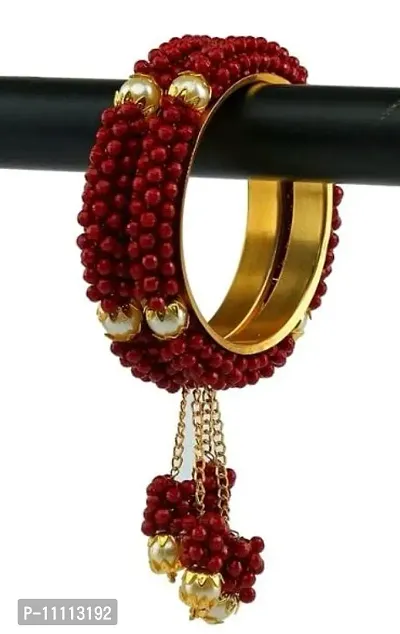 Traditional Brass Metal Maroon Zircon And Peal Work Bangle Set For Women