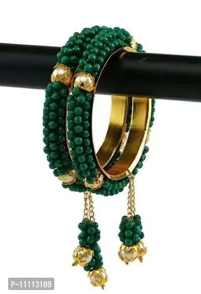 Traditional Brass Metal Green Zircon And Peal Work Bangle Set For Women