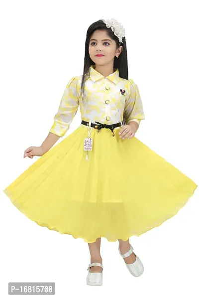 Fabulous Yellow Georgette Self Pattern Fit And Flare Dress For Girls