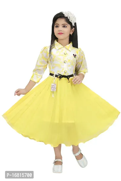 Fabulous Yellow Georgette Self Pattern Fit And Flare Dress For Girls-thumb0