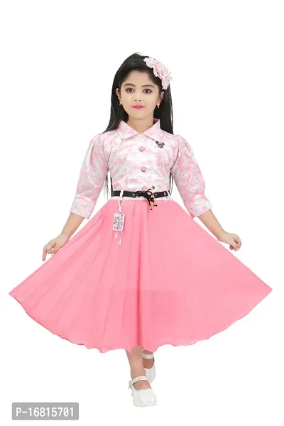 Fabulous Pink Georgette Self Pattern Fit And Flare Dress For Girls