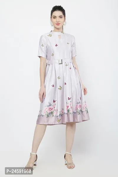 Stylish Off White Satin Printed Dress For Women
