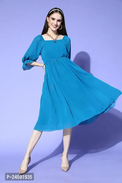 Stylish Turquoise Chiffon Printed Dress For Women-thumb0