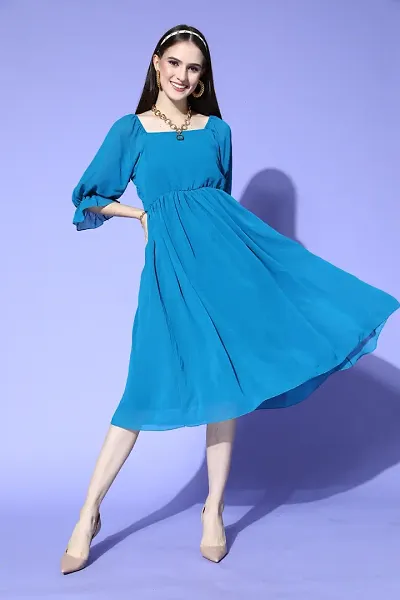 Stylish Turquoise Chiffon Printed Dress For Women