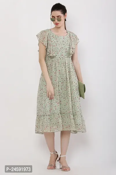 Stylish Olive Georgette Printed Dress For Women