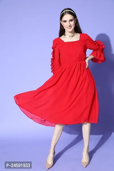 Stylish Red Chiffon Printed Dress For Women-thumb0