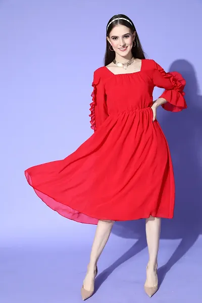Stylish Red Chiffon Printed Dress For Women