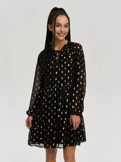 Stylish Black Chiffon Printed Dress For Women