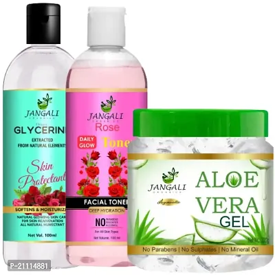 Pure Jangali Organics Aloe Vera Gel For Face, with Pure Aloe Vera  Vitamin E for Skin and Hair, Combo Pack (JANGALI-GLYCRIN+ROSE WATER 100ML+WHITE GEL)