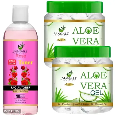 Pure Jangali Organics Aloe Vera Gel For Face, with Pure Aloe Vera  Vitamin E for Skin and Hair, Combo Pack (JANGALI-WHITE GEL PACK2+ROSE WATER 100ML)