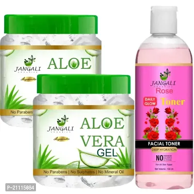 Pure Jangali Organics Aloe Vera Gel For Face, with Pure Aloe Vera  Vitamin E for Skin and Hair, Combo Pack (JANGALI-W-GEL PACK 2+ROSE WATER 100ML)