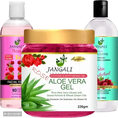 Pure Jangali Organics Aloe Vera Gel For Face, with Pure Aloe Vera  Vitamin E for Skin and Hair, Combo Pack (JAN-ROSE GEL+GLYCRIN+ROSE WATER 100ML)