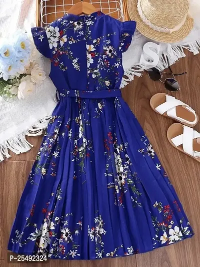 Fabulous Blue Cotton Blend Printed Fit And Flare Dress For Girls