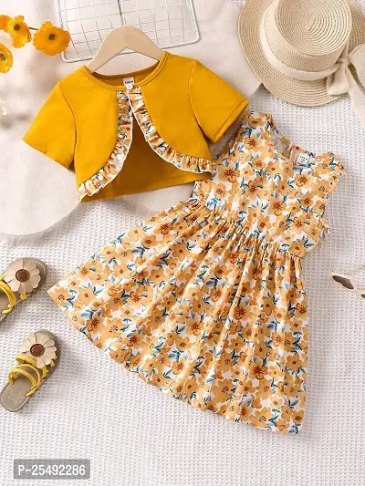 Fabulous Yellow Polyester Printed Fit And Flare Dress For Girls