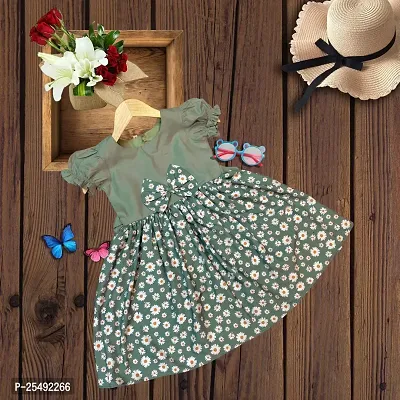 Fabulous Green Cotton Blend Printed Fit And Flare Dress For Girls