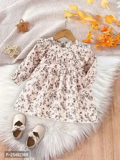 Fabulous Beige Linen Printed Fit And Flare Dress For Girls