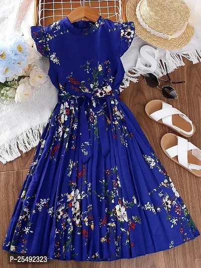 Fabulous Blue Polyester Printed Fit And Flare Dress For Girls