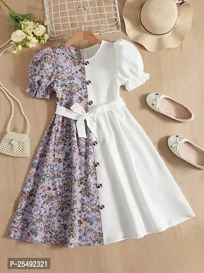 Fabulous White Synthetic Printed Fit And Flare Dress For Girls