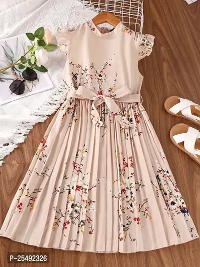 Fabulous Beige Cotton Blend Printed Fit And Flare Dress For Girls