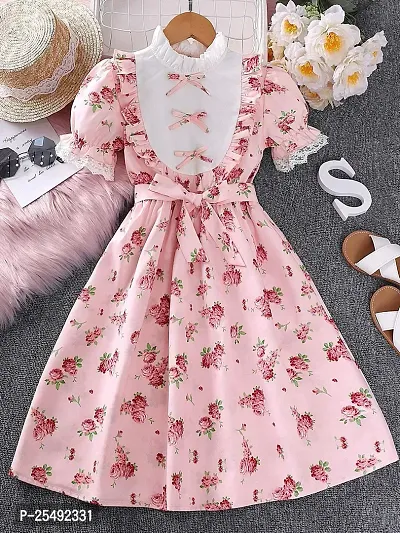 Fabulous Pink Cotton Blend Printed Fit And Flare Dress For Girls