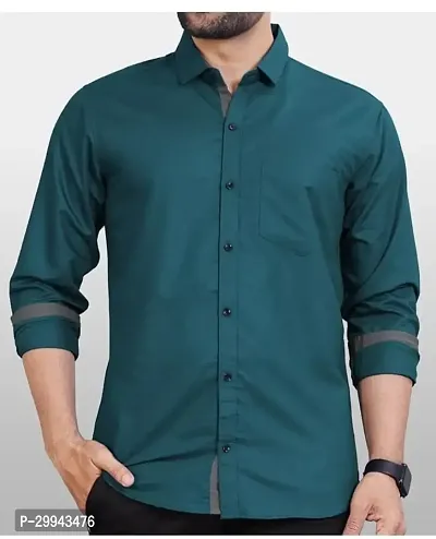 Reliable Teal Cotton Blend Solid Long Sleeves Casual Shirt For Men-thumb3