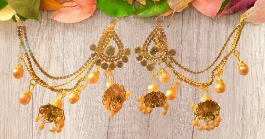 Elegant Designer Gold Plated Bahubali Jhumki Earrings With Ear Chain