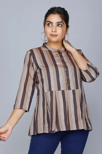 Elegant Blend Striped Mandarin Collar 3/4 Sleeves Short Kurta For Women