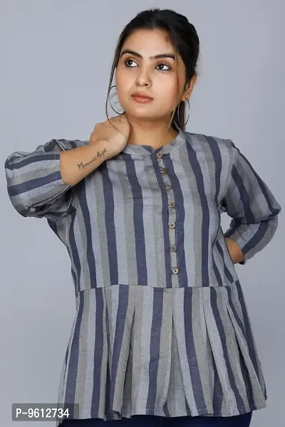 Elegant Cotton Blend Navy Blue Striped Mandarin Collar 3/4 Sleeves Short Kurta For Women