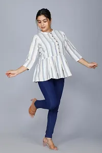 Elegant Cotton Blend White Striped Mandarin Collar 3/4 Sleeves Short Kurta For Women-thumb1