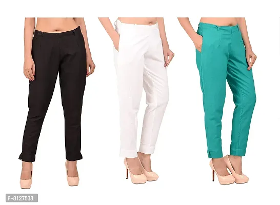 Ruhfab Women's Calf Length Cropped Cotton Stretchable Regular Fit Trouser/Pants Slim Fit Straight Casual Trouser Pants for Girls/Ladies/Women (Combo Saver Pack of 3/Black-White-C-Green)