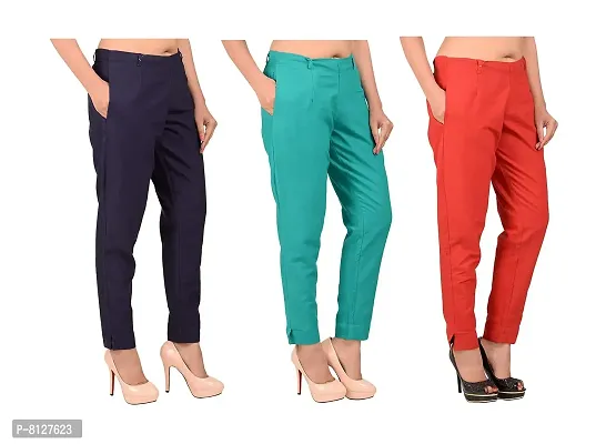 Ruhfab Women Regular Fit Casual Trouser Pants Cotton Flex Slim Fit Straight for Girls/Ladies/Women (Combo Saver Pack of 3/Navy-Blue_C-Green_RED)-thumb0