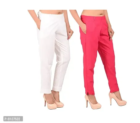 Ruhfab Women Slim Fit Solid Regular Trousers for Girls/Ladies/Women (Saver Pack of 2,White_Pink)-thumb0