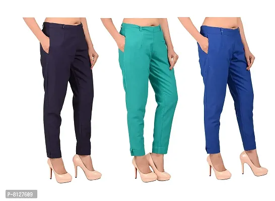 Ruhfab Women's Calf Length Cropped Cotton Stretchable Regular Fit Trouser/Pants Slim Fit Straight Casual Trouser Pants for Girls/Ladies/Women(Combo Pack of 3/Navy-Blue_C-Green_Royal-Blue)