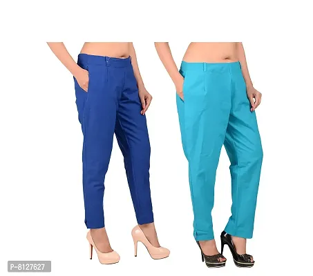 Ruhfab Women's Calf Length Cropped Cotton Stretchable Regular Fit Trouser/Pants Slim Fit Straight Casual Trouser Pants for Girls/Ladies/Women (Saver Pack of 2,Royal-Blue_Sky-Blue)