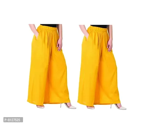 Ruhfab Silky Rayon Women Stretchable Plazo Pant Indian Ethnic Plain Casual Wear Plazo Pant for Women's and Girls (Save Pack of 2, Yellow_Yellow)-thumb0