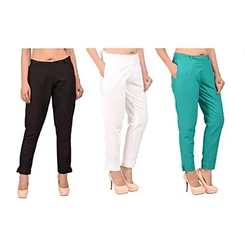 Ruhfab Women Regular Fit Trousers/Pants Slim Fit Straight Casual Trouser Pants for Girls/Ladies/Women (Combo Saver Pack of 3)