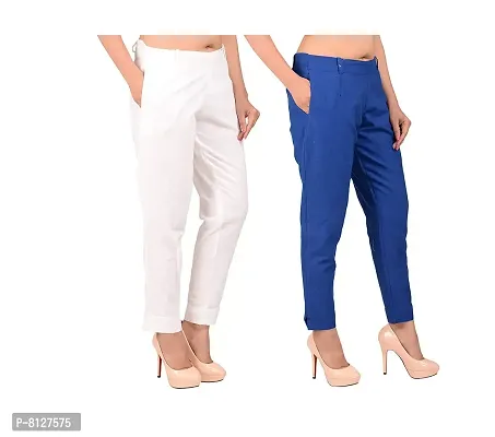 Ruhfab Women Pants Slim Fit Straight Casual Trouser Pants for Girls/Regular Trousers/Ladies/Women (Saver Pack of 2,White_Royal-Blue)