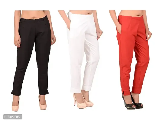 Ruhfab Women Slim Fit Solid Regular Trousers/Pants Slim Fit Straight Casual Trouser Pants for Girls/Ladies/Women (Combo Saver Pack of 3/Black_White_RED)