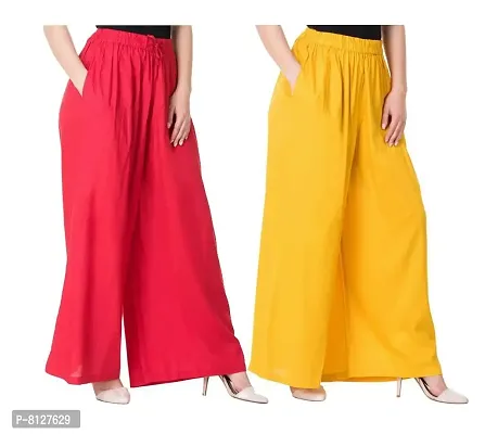 Ruhfab Silky Rayon Women Stretchable Plazo Pant Indian Ethnic Plain Casual Wear Plazo Pant for Women's and Girls (Save Pack of 2, Red_Yellow)